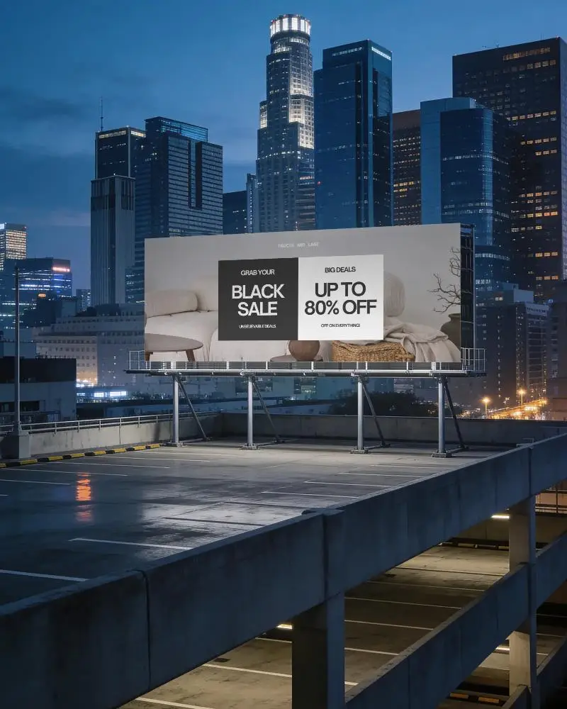 Rooftop Billboard Mockup With Cityscape Background Ideal For Nighttime Urban Advertising Campaigns