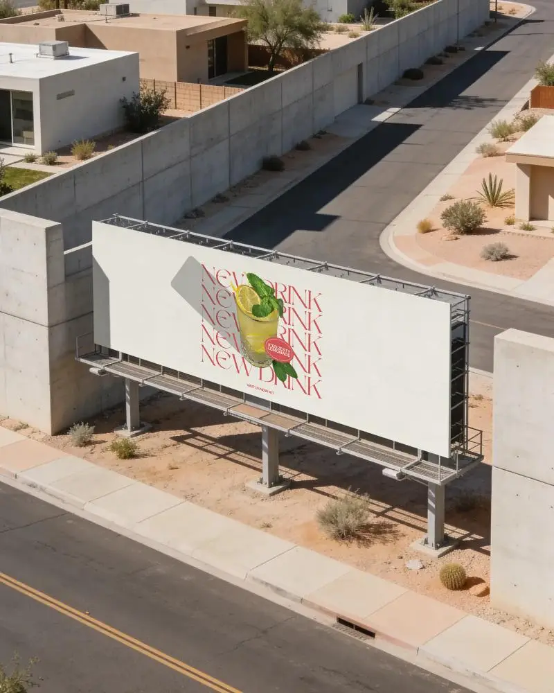 Large Empty Billboard Mockup On Roadside Near Modern Houses And Concrete Walls