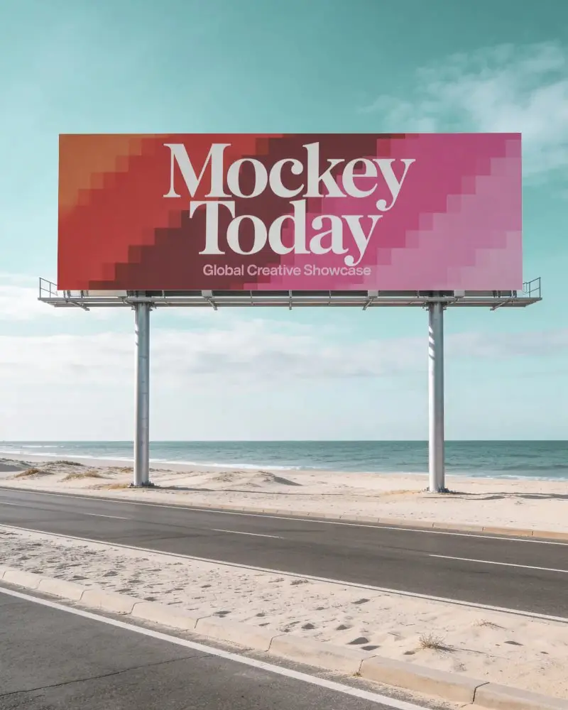 Large Billboard Mockup Standing On Poles By The Ocean Alongside Asphalt Highway Path