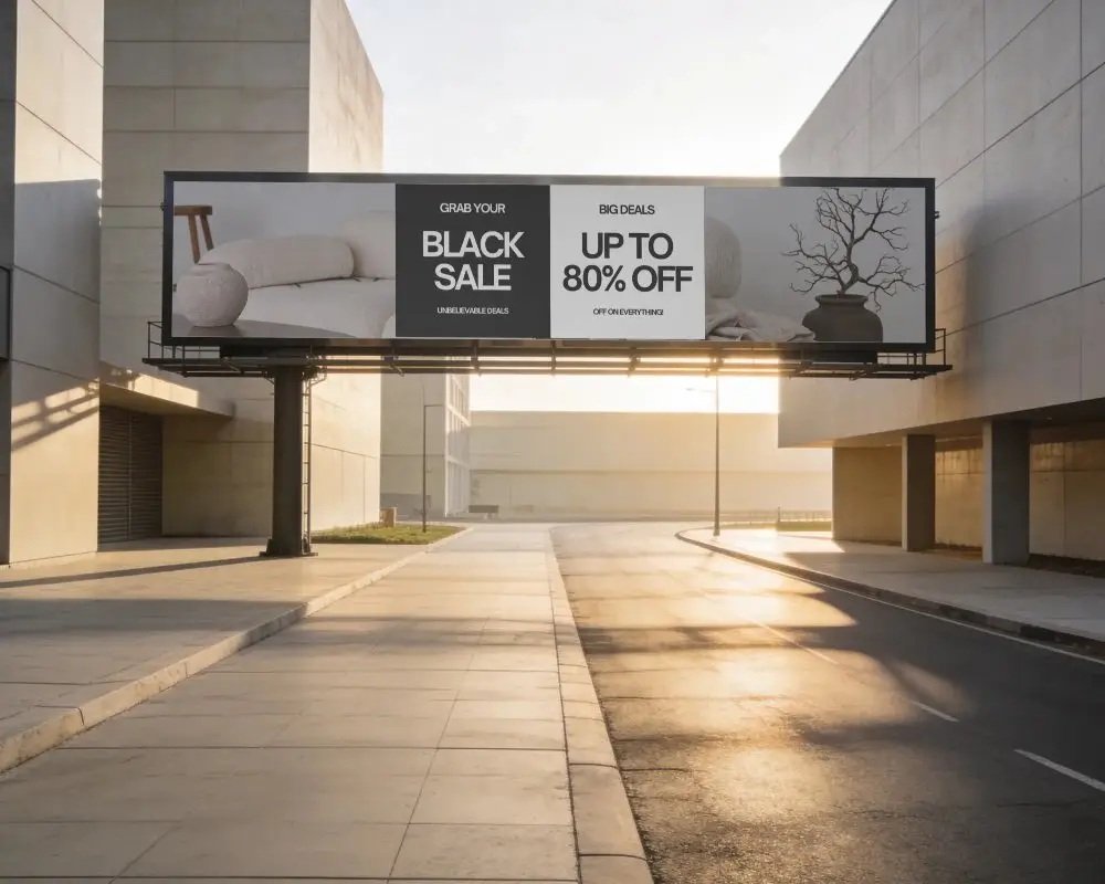 Large Horizontal Billboard Mockup On Pole Between Modern Buildings With Sunlight Shadows