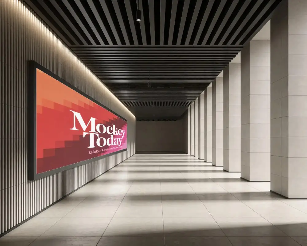 Large Empty Billboard Mockup Inside Open Minimalist Public Exhibition Space