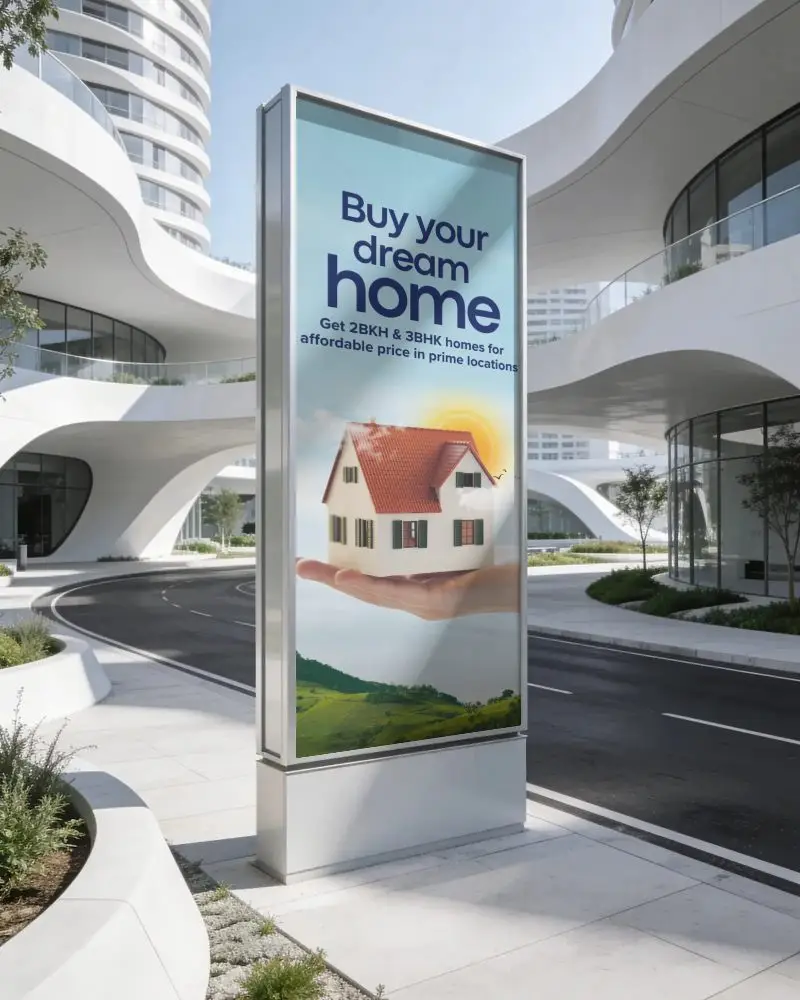 Outdoor Advertisement Stand Billboard Mockup On Sidewalk With Curved Glass Building