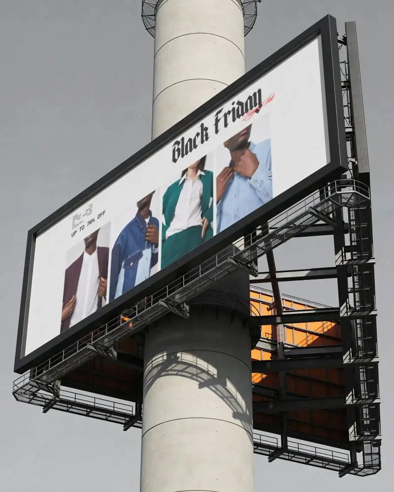 Realistic Billboard Mockup With Metal Frame Attached To Tall Concrete Pillar Structure