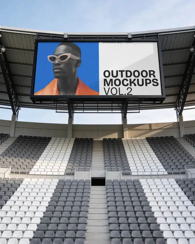 Outdoor Sports Stadium Large Blank Billboard Mockup Screen Empty Seating Rows View