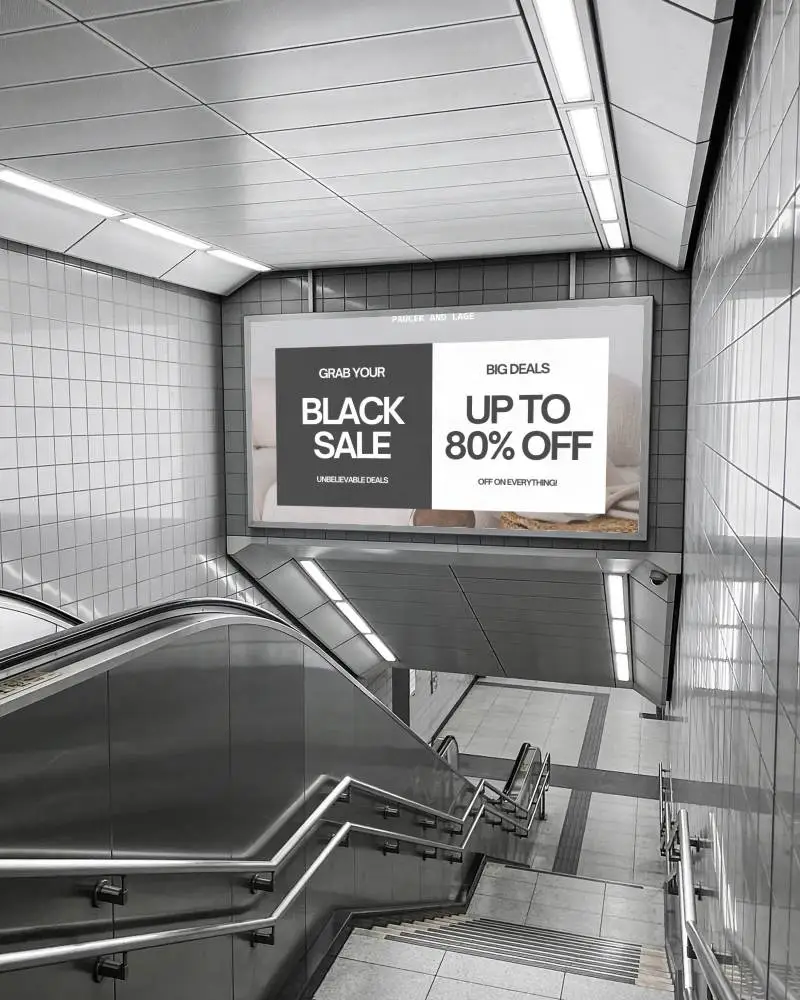 Blank Billboard Mockup Above Stairs In Modern Subway Station Pedestrian Traffic Area