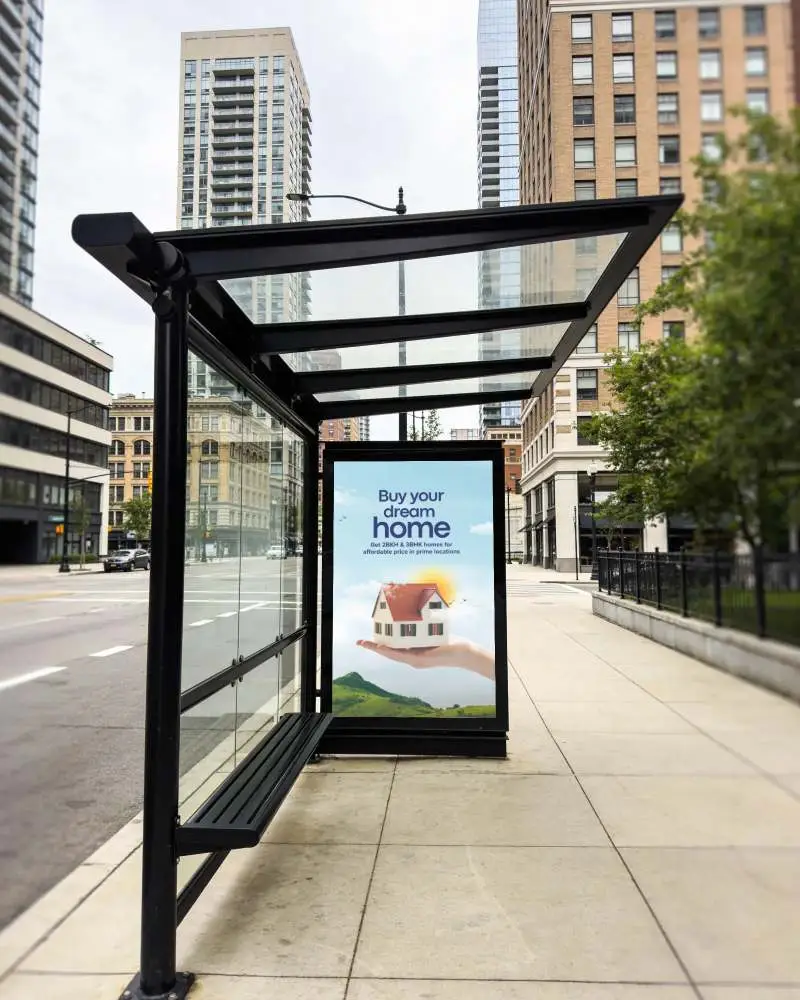 Urban Bus Stop Billboard Mockup Empty Advertisement Display City Background