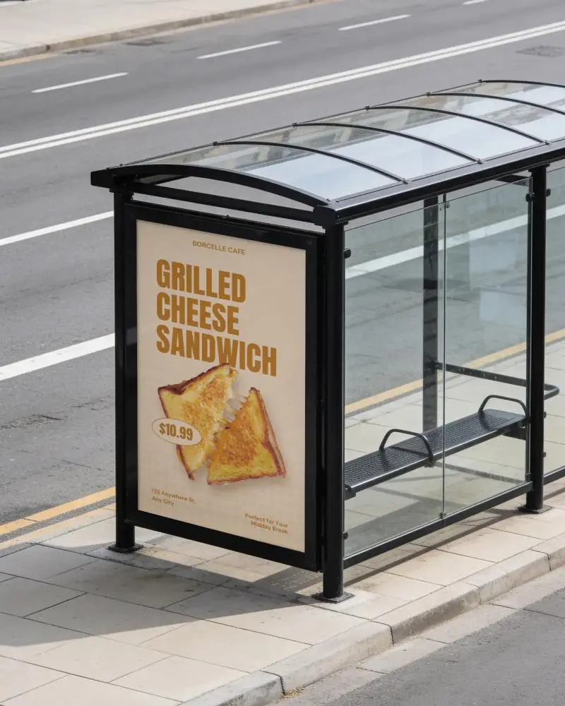 Street Side Bus Stop Billboard Advertising Mockup With Transparent Glass Shelter