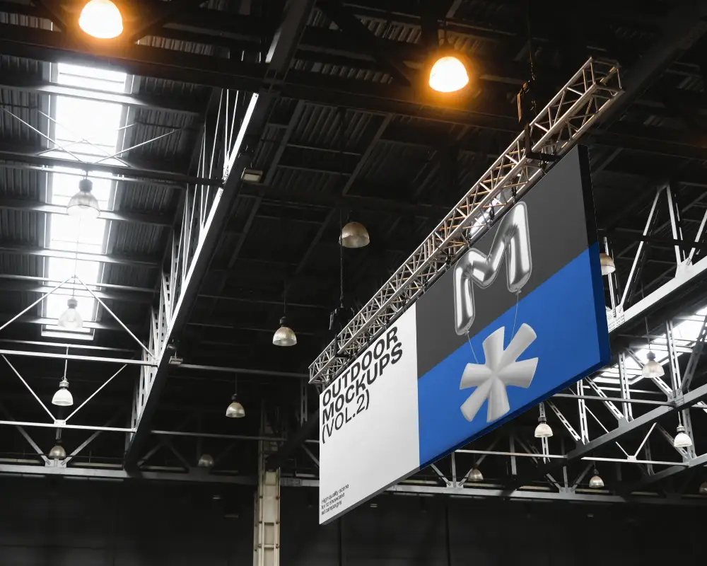 Indoor Large Hanging Billboard Mockup With Industrial Ceiling And Lights