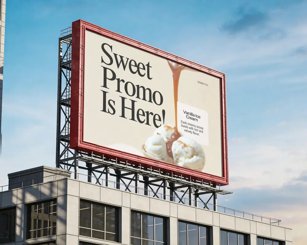 Large Urban Billboard Mockup On Building Rooftop With Clear Sky Background For Advertising