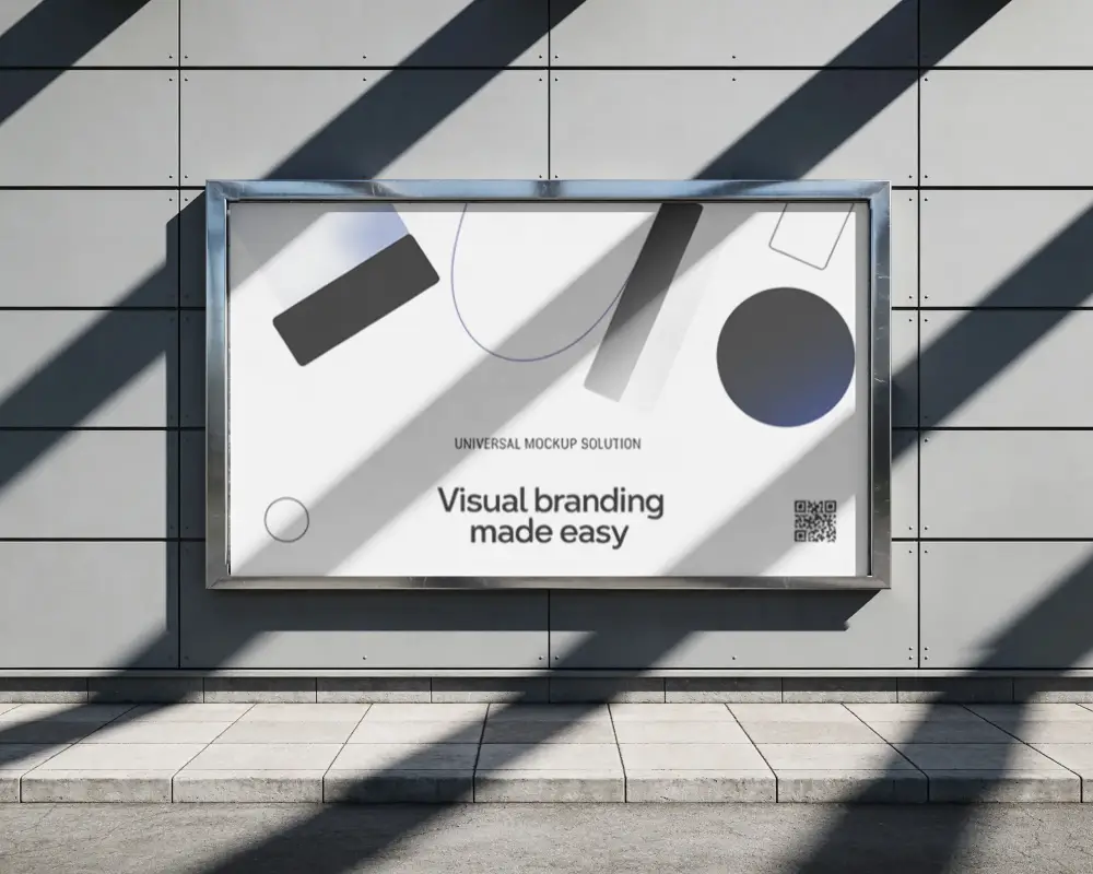 Urban Street Billboard Mockup On City Wall With Shadows And Modern Architecture Background