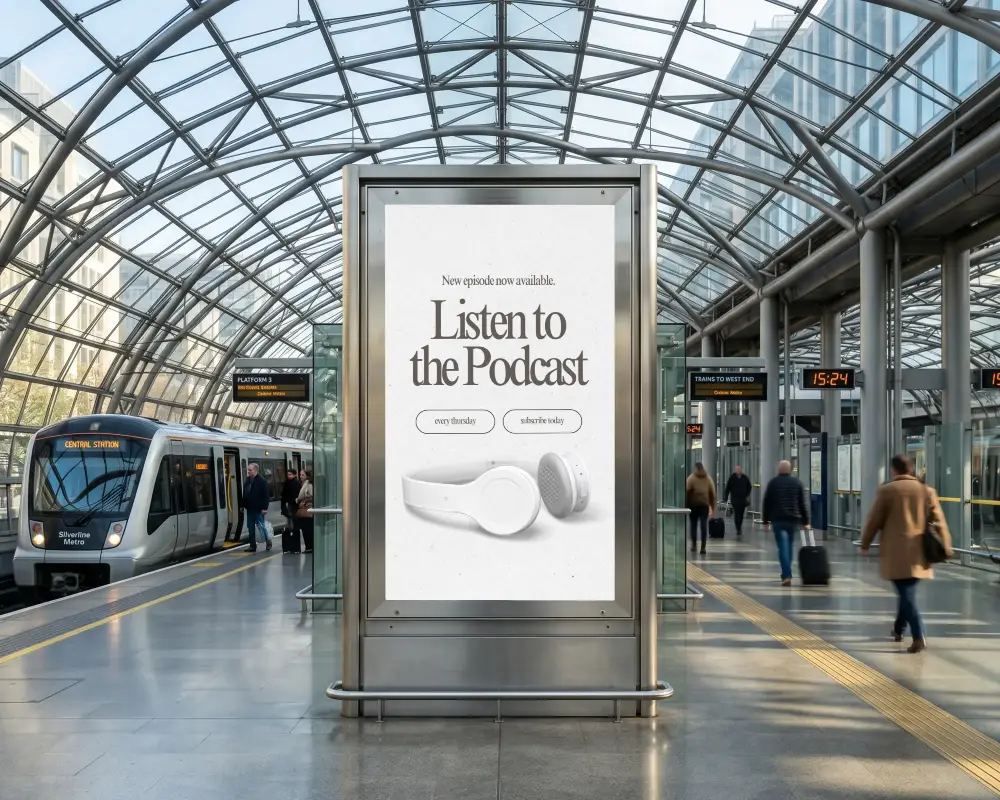 Commuter Train Platform With Standalone Empty Promotional Billboard Mockup Panel