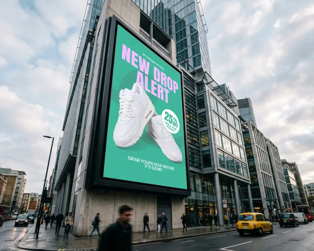 Urban Street Billboard Mockup On Modern Building In Busy City With Dynamic Pedestrian Traffic
