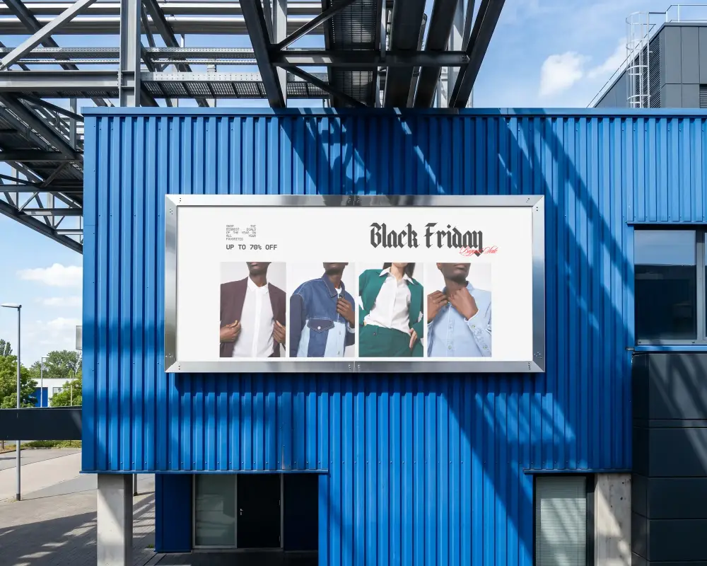 Industrial Billboard Mockup On Metal Building Facade For Advertising Corporate Brand Promotion