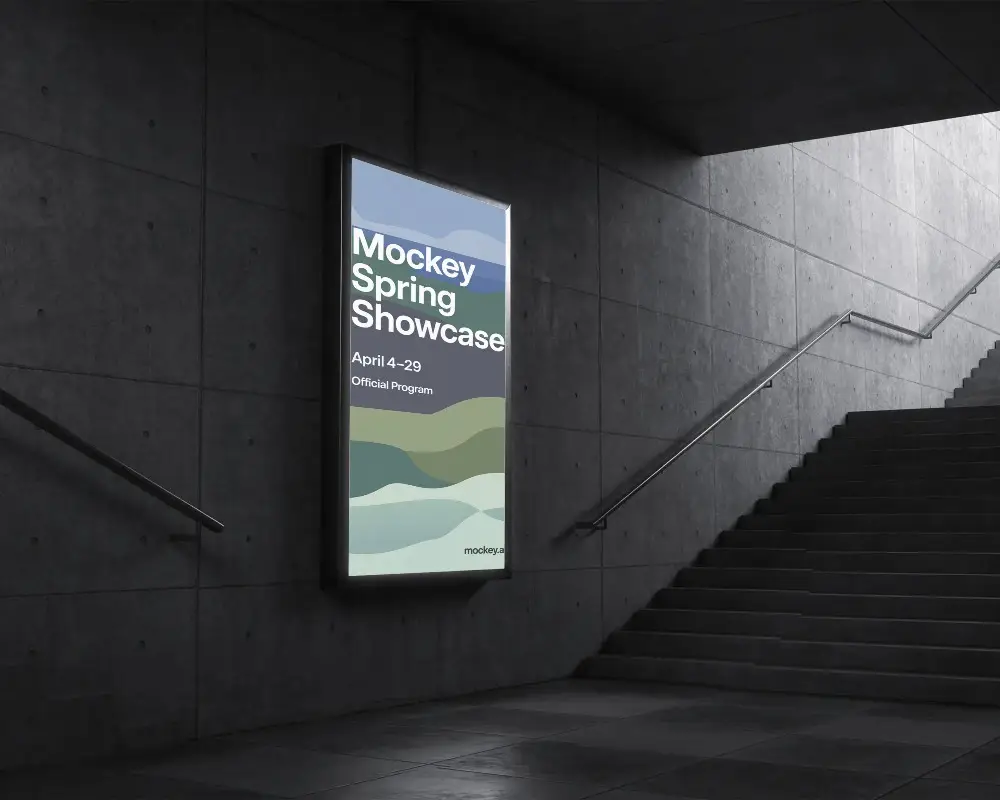 Urban Staircase Wall Mounted Vertical Billboard Advertising Lightbox Poster Mockup