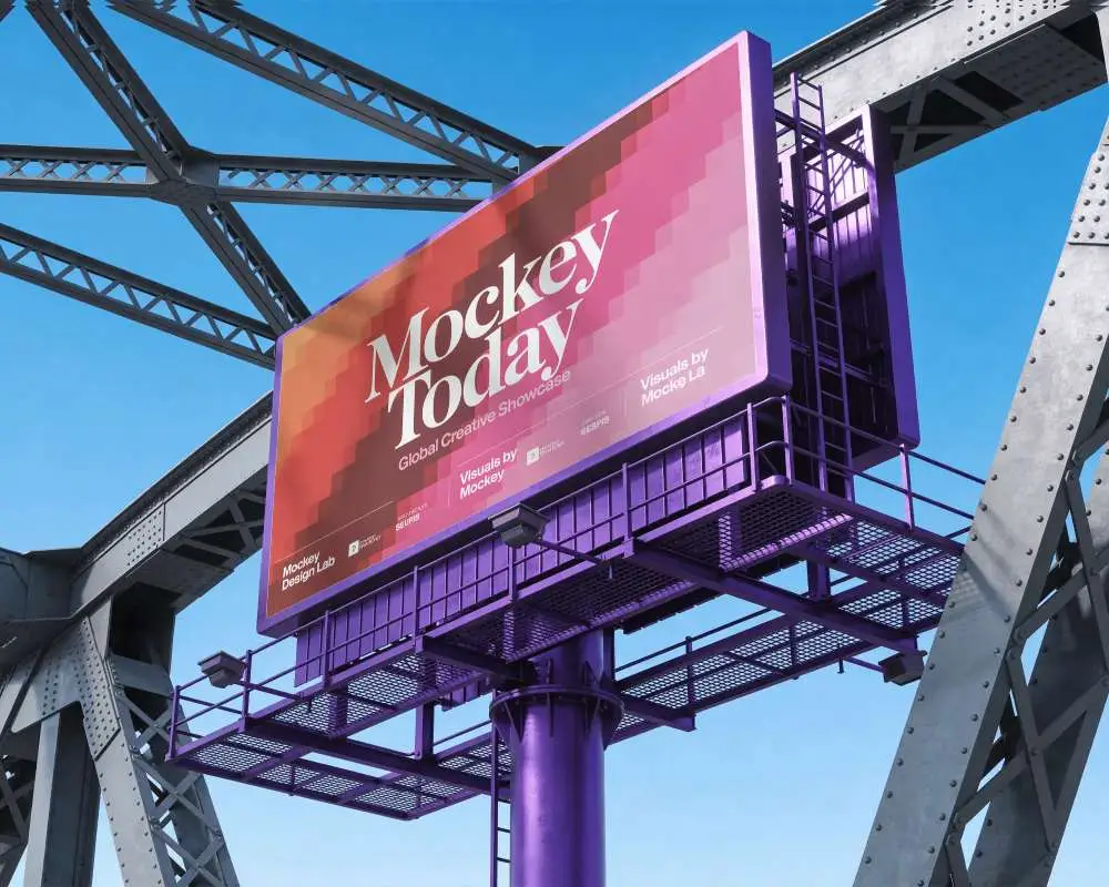 Elevated Urban Billboard Mockup On Bridge Structure Isolated Against Clear Sky Background