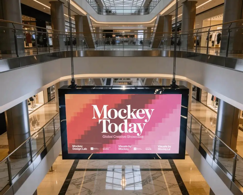 Large Hanging Billboard In Modern Shopping Mall Center Ideal For Retail Advertising Display