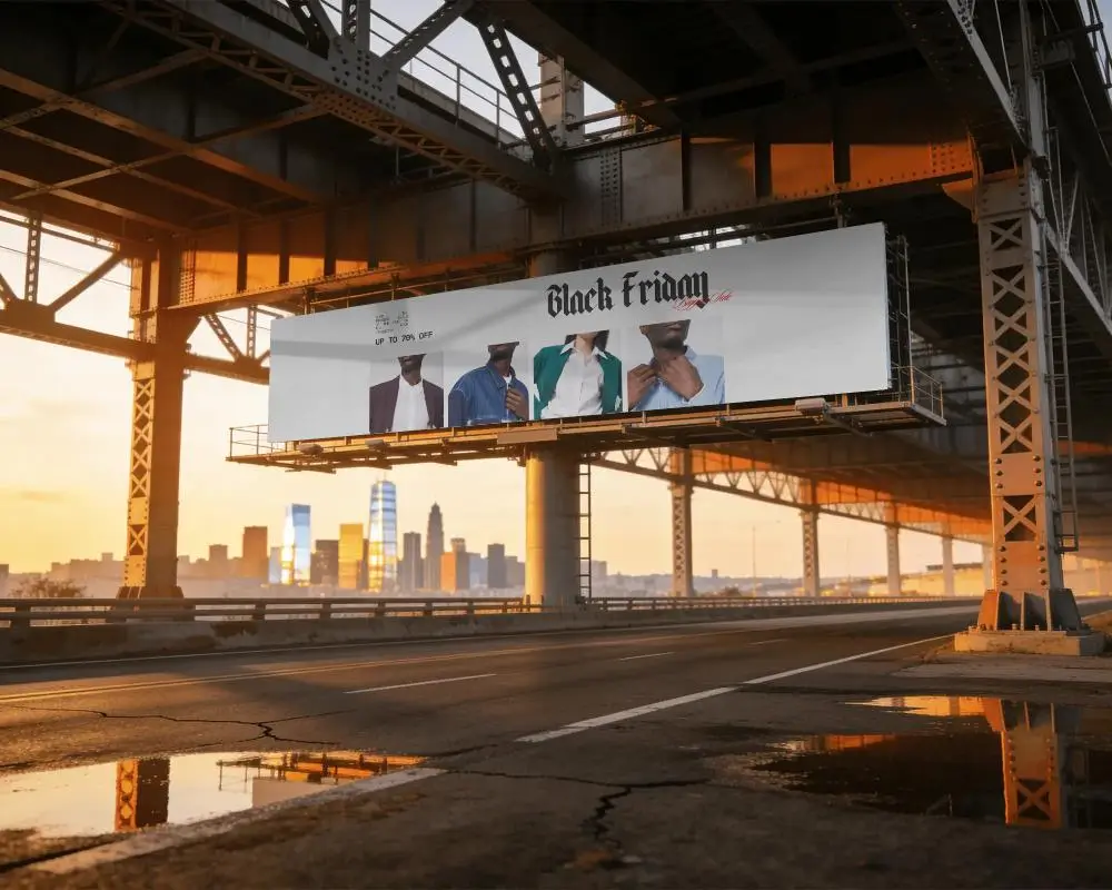 Large Empty Urban Billboard Mockup Hanging Under Bridge In City Roads Sunset Scenery