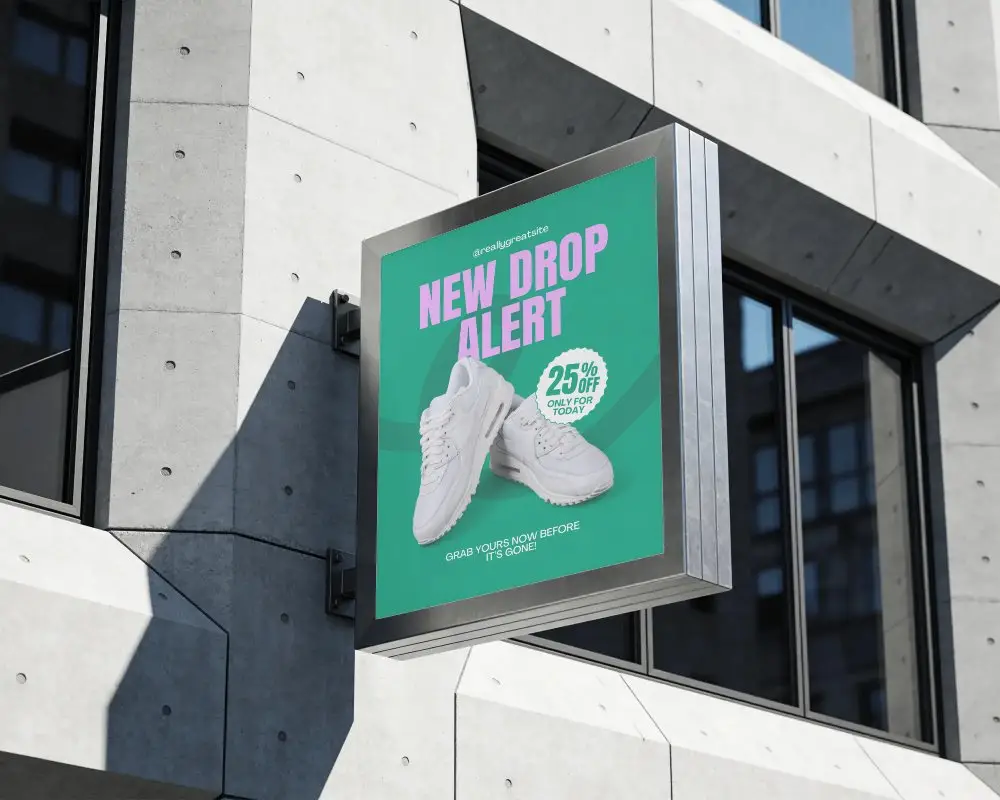 Modern Square Billboard Mounted On Concrete Building Exterior Urban Advertising