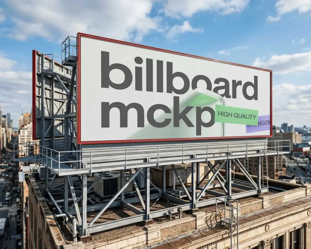 Blank Billboard On Rooftop Urban Cityscape Skyscrapers Background Clear Sky