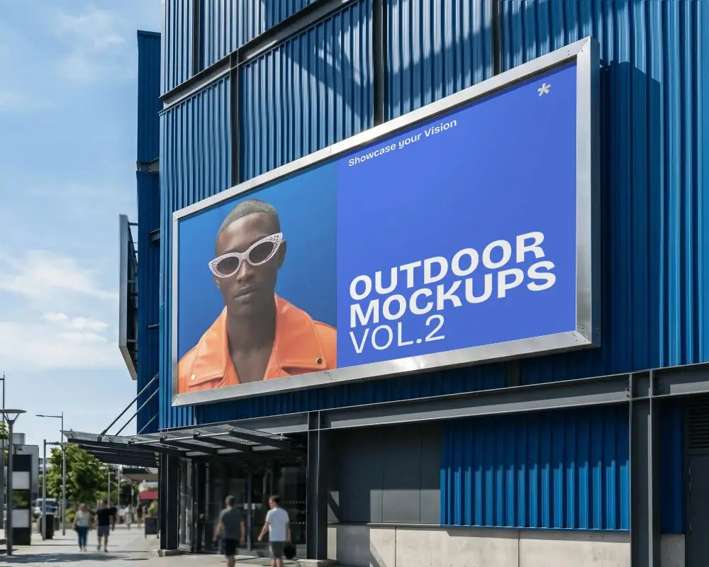 Large Urban Billboard Mockup On Modern Commercial Building Exterior With Pedestrian Traffic