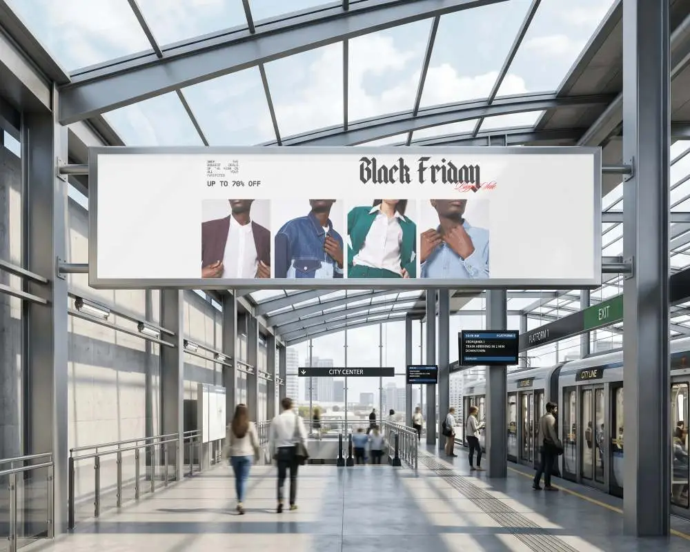 Urban Train Platform With High Visibility Billboard In Glass Roofed Environment