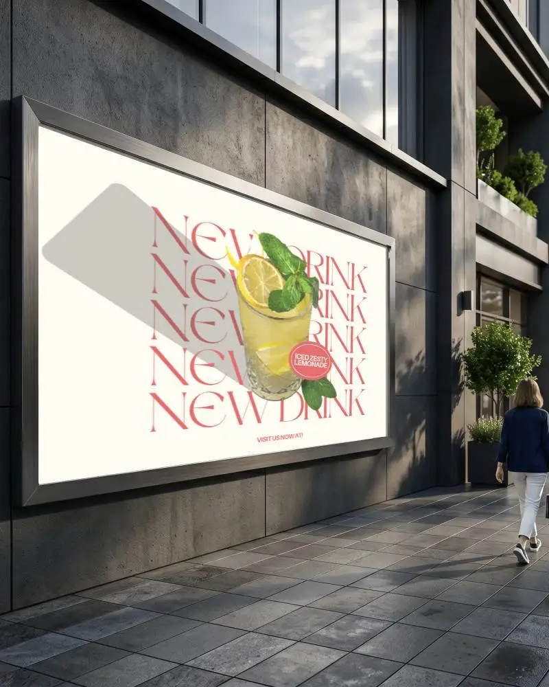Urban Outdoor Billboard Advertising Mockup With Walking Pedestrian On Sidewalk
