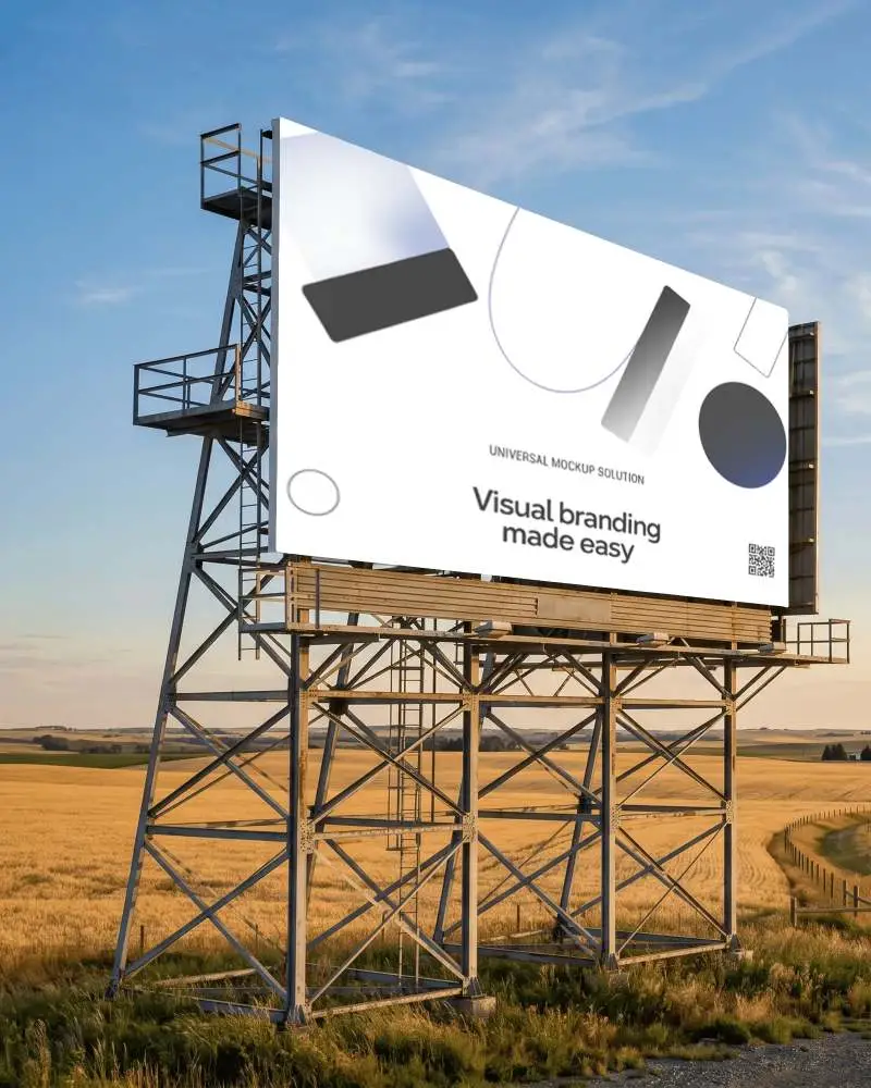 Large Blank Billboard Mockup On Industrial Structure In Open Rural Field Landscape