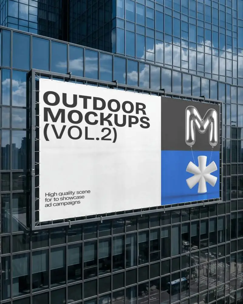 Large Urban Billboard Mockup On Glass Office Building Exterior For Digital Marketing Displays
