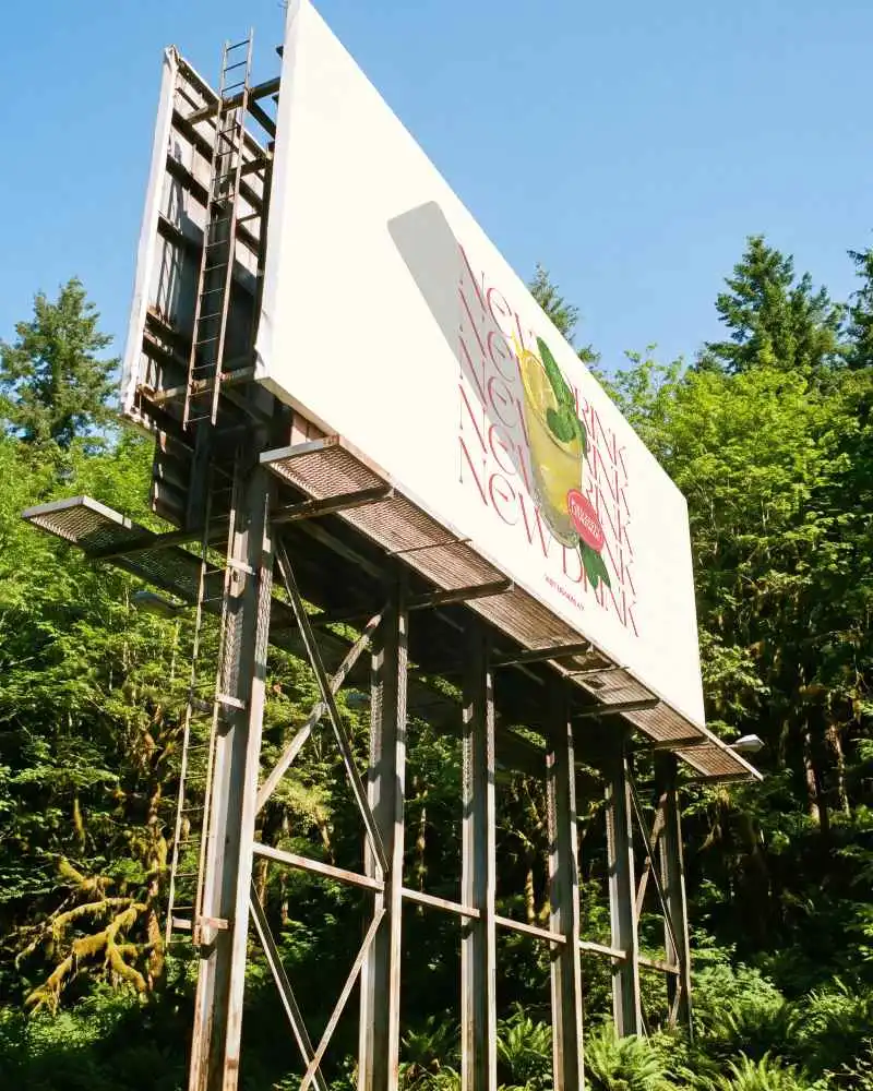 Outdoor Advertising Billboard Mockup Structure In Forest Surrounded By Tall Green Trees Nature