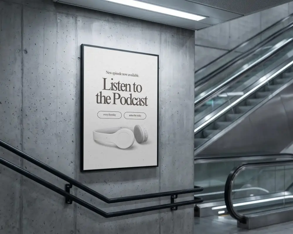 Urban Commercial Billboard Mockup On Concrete Wall Next To Modern Escalator Staircase