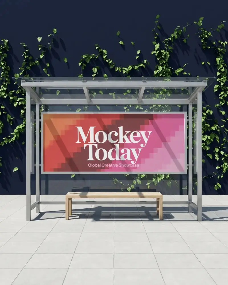 Modern Bus Stop Shelter With Transparent Glass And Wooden Bench Display Billboard Ads