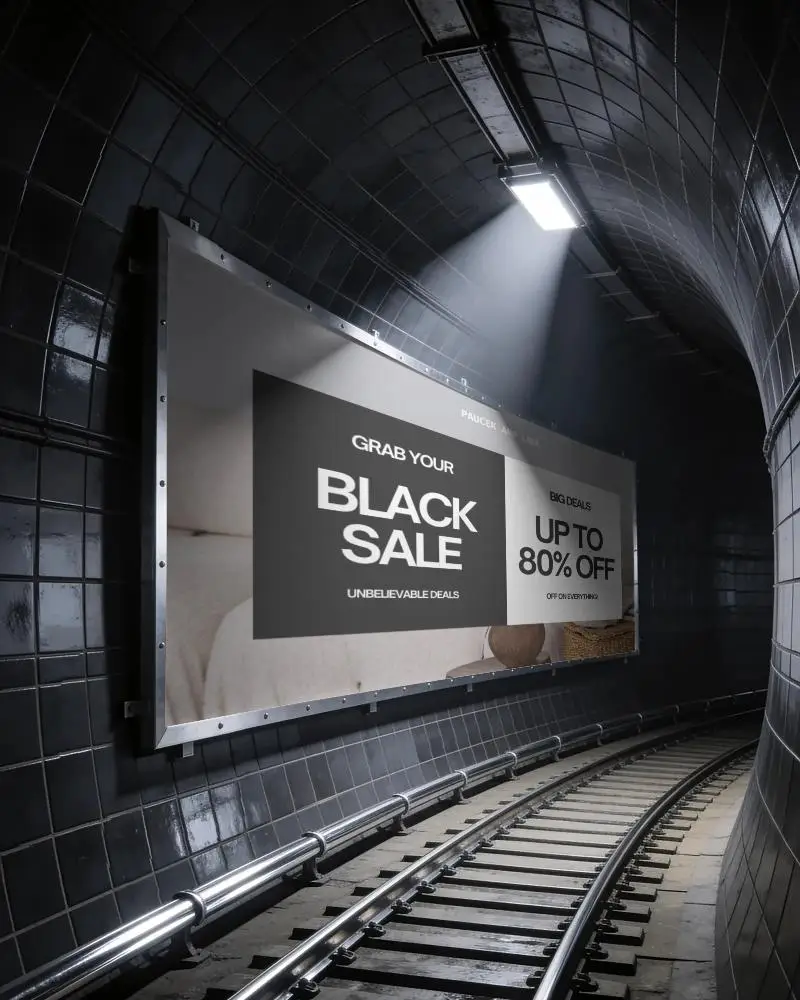 Subway Advertising Billboard Lighted In Underground Station Near Rail Track