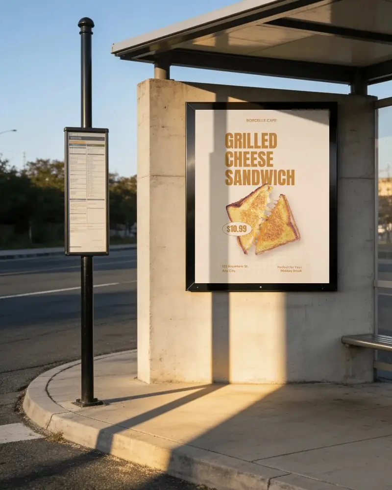 Blank Billboard At Bus Stop Under Shelter Urban Public Transport Advertisement