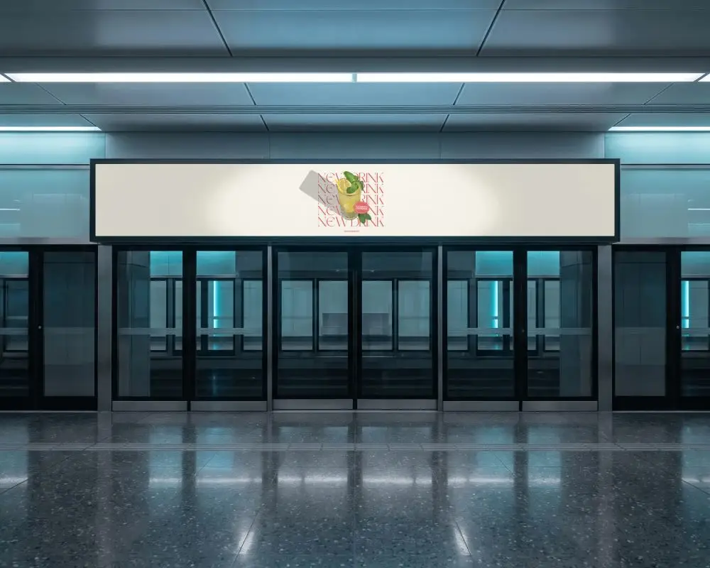 Modern Commercial Space With Large Blank Billboard Above Glass Entrance Doors