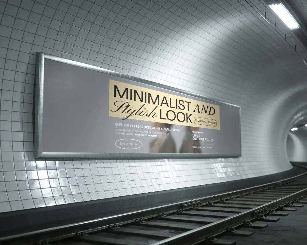 Long Rectangular Billboard Mockup In Tiled Metro Tunnel Ready For Advertising Campaigns