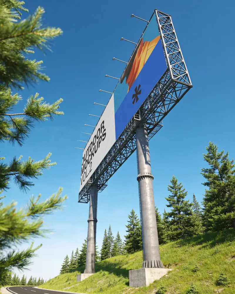 Two Support Pillars Billboard Mockup Outdoor Ad Display Near Curving Road Landscape Background