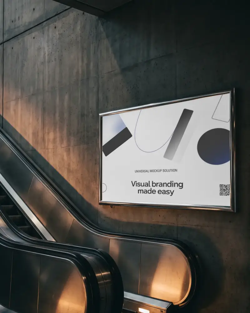 Empty Billboard Mockup Next To Escalator In Industrial Style Concrete Wall Background