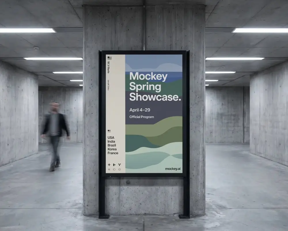 Urban Indoor Billboard Mockup On Concrete Pillar In Modern Building Hallway