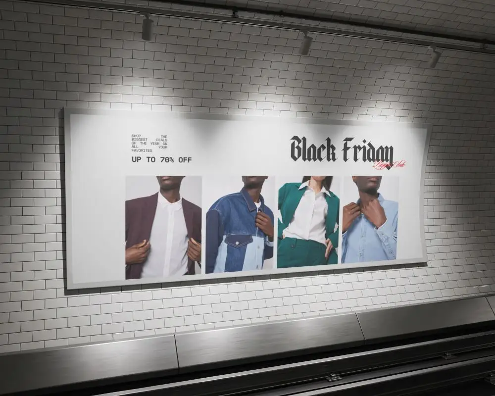 Large Horizontal Billboard Mockup On Tiled Wall Spotlight Blank Advertising Space