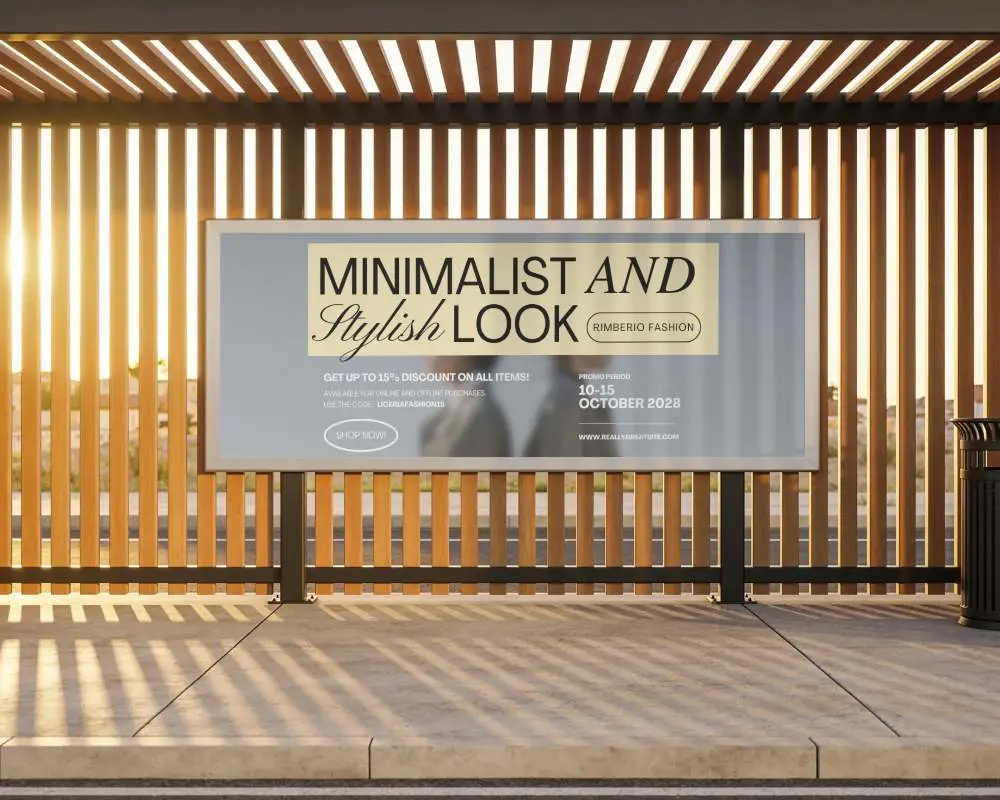 Large Empty Advertising Billboard Mockup On Street With Shadows From Wooden Slats On Pavement