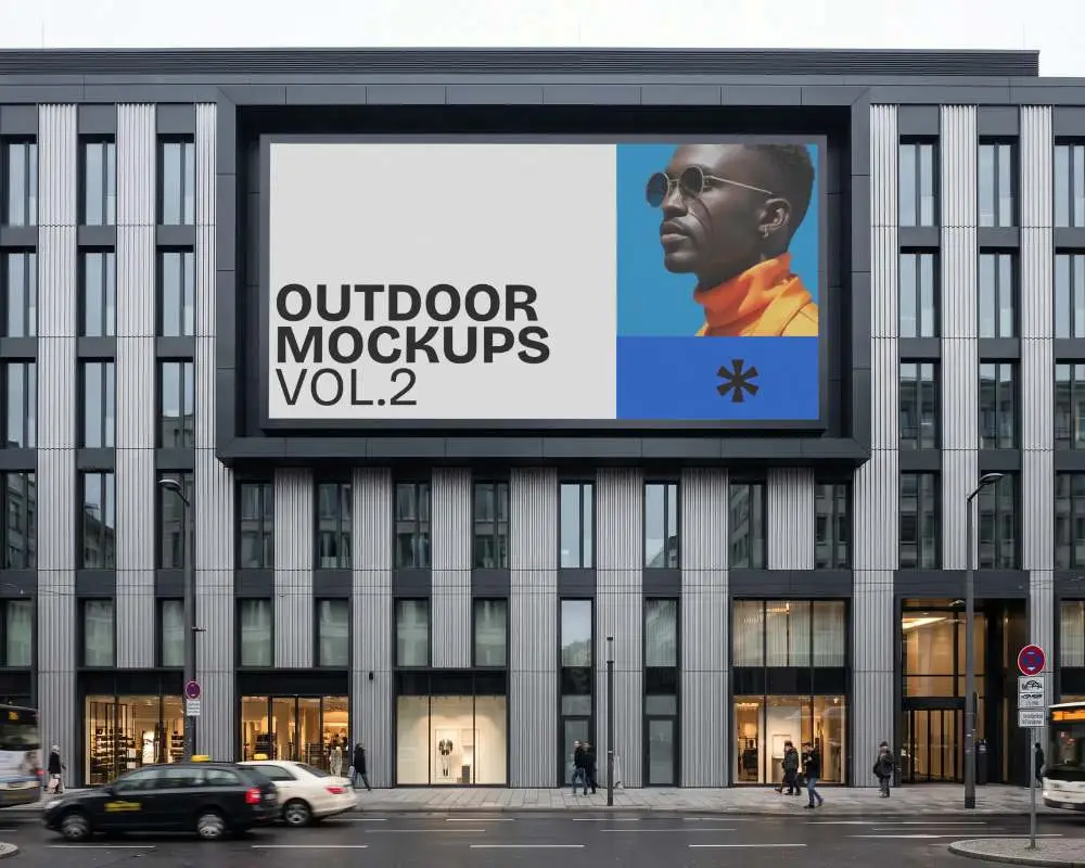 Large Urban Billboard Mockup On Commercial Building Facade For Advertisement Showcase