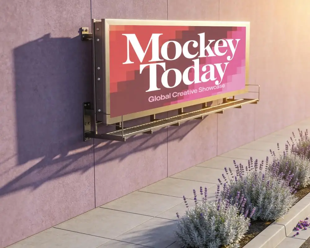 Outdoor Advertising Billboard Mockup Mounted On City Wall With Walkway And Plants Visible