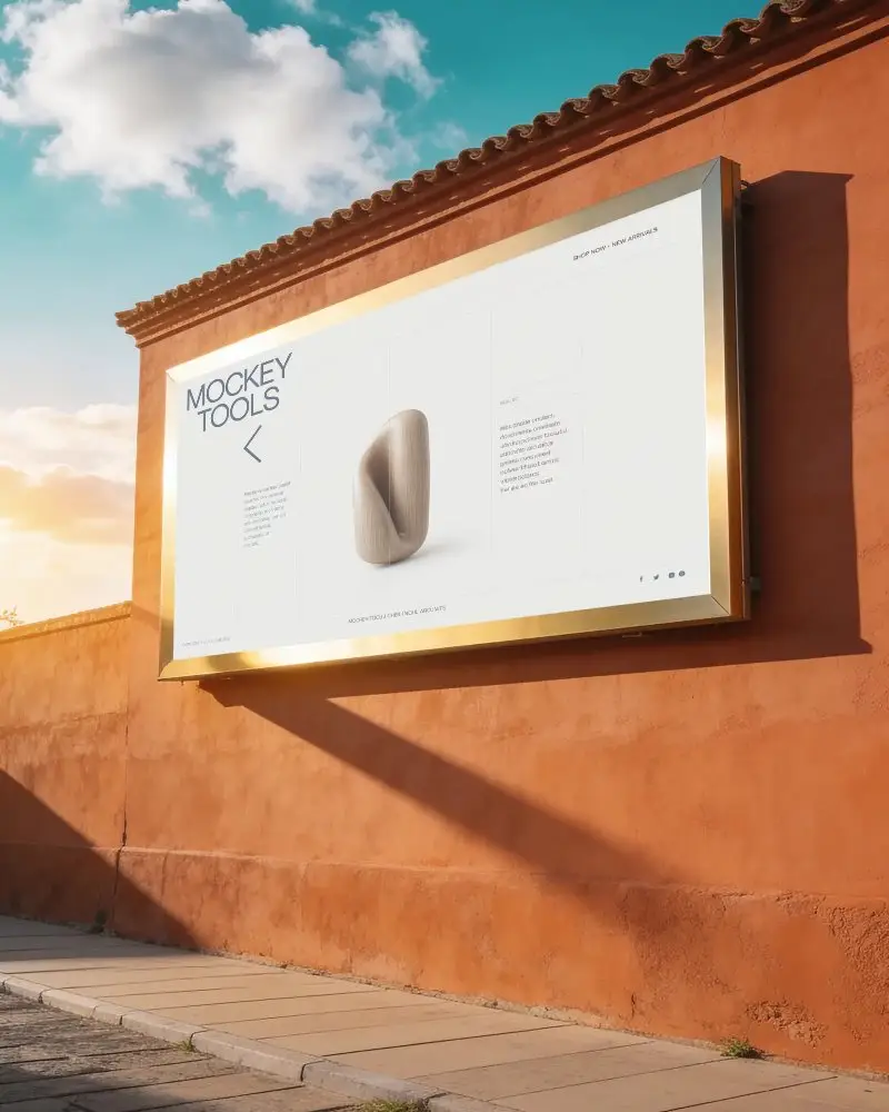 Urban Outdoor Billboard Mockup On Textured Wall With Clear Sky Background For Advertising