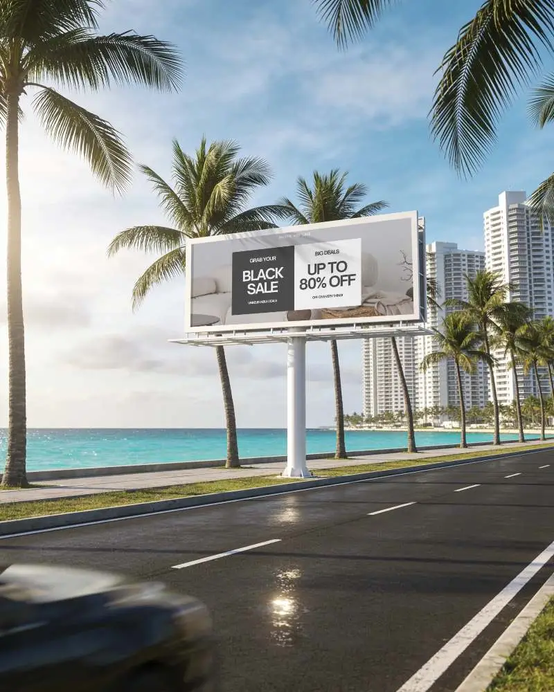 Empty Highway Billboard Mockup With Coastal Cityscape And Clear Blue Sky Background