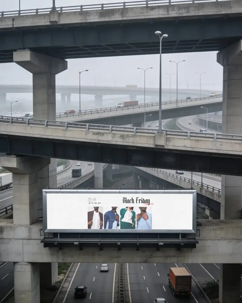 Roadside Billboard Mockup On Concrete Bridge Near Busy Multilevel Expressway