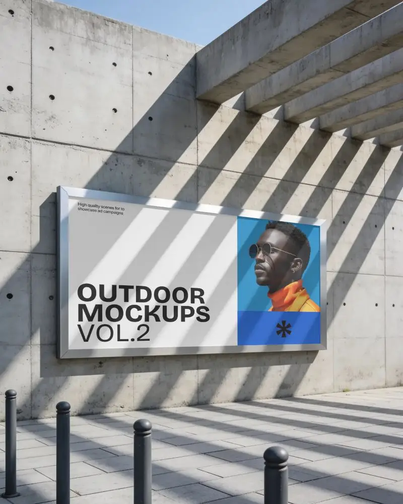 Urban Outdoor Billboard Mockup On Concrete Wall With Shadow Patterns For Advertising
