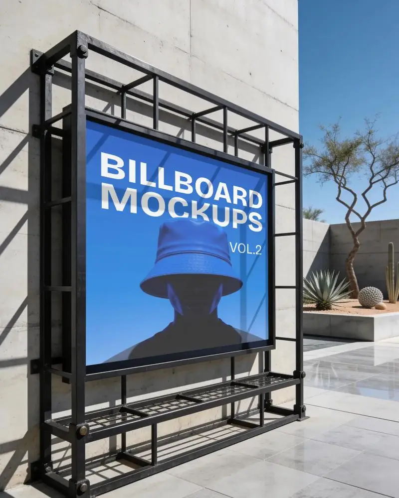 Outdoor Advertising Billboard Mockup On Modern Wall With Clear Sky Background