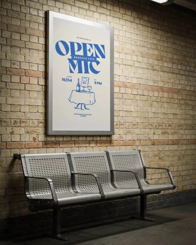 Vertical Billboard Mockup On Brick Wall Above Metal Bench In Public Space For Advertising