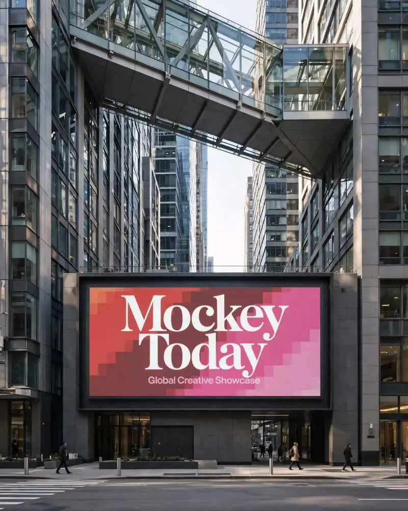 Modern Downtown Billboard Mockup With Glass Walkway And Pedestrians Passing By
