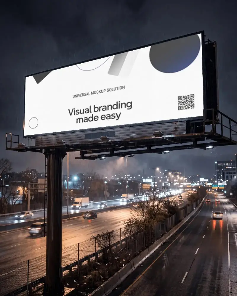 Elevated Billboard Mockup Alongside Wet Roadscape Urban Environment Evening View